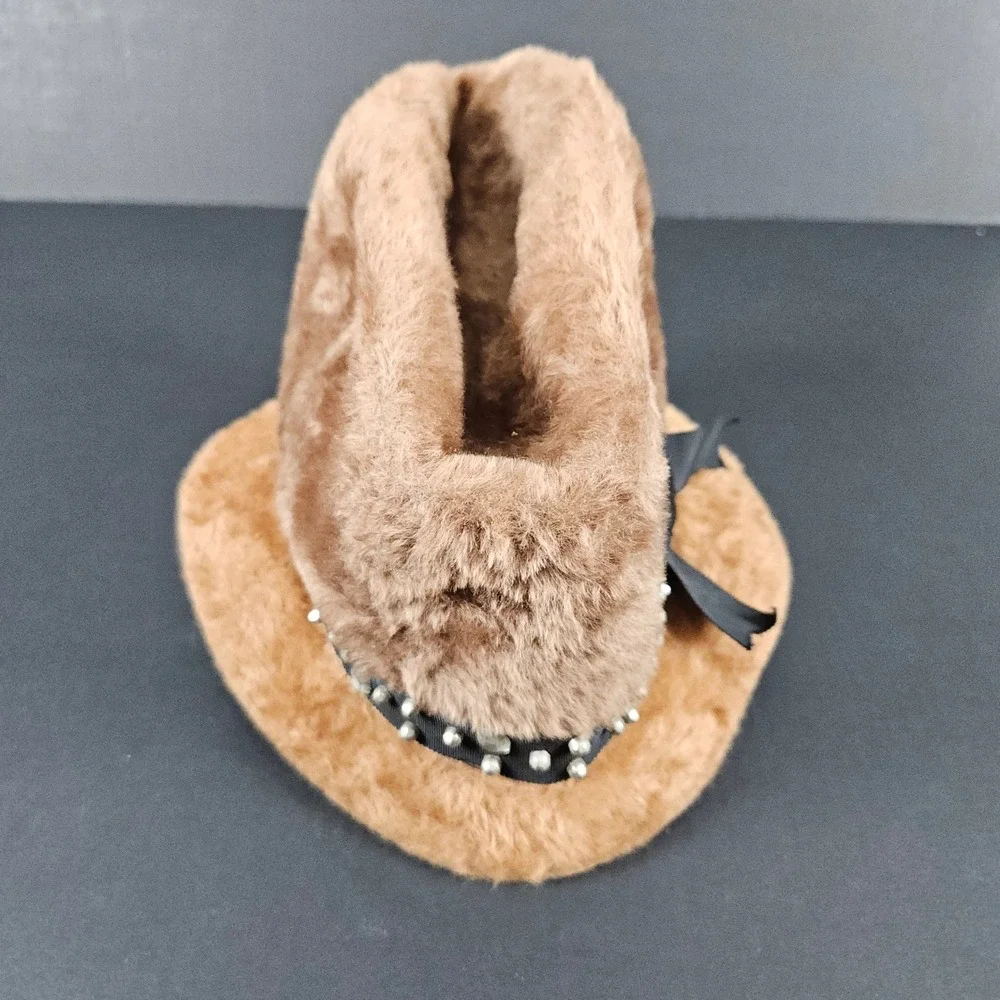 Vintage Lee Bury Dallas Musketeer Faux Fur Pillbox Hat Brown Studded Bow Size 22